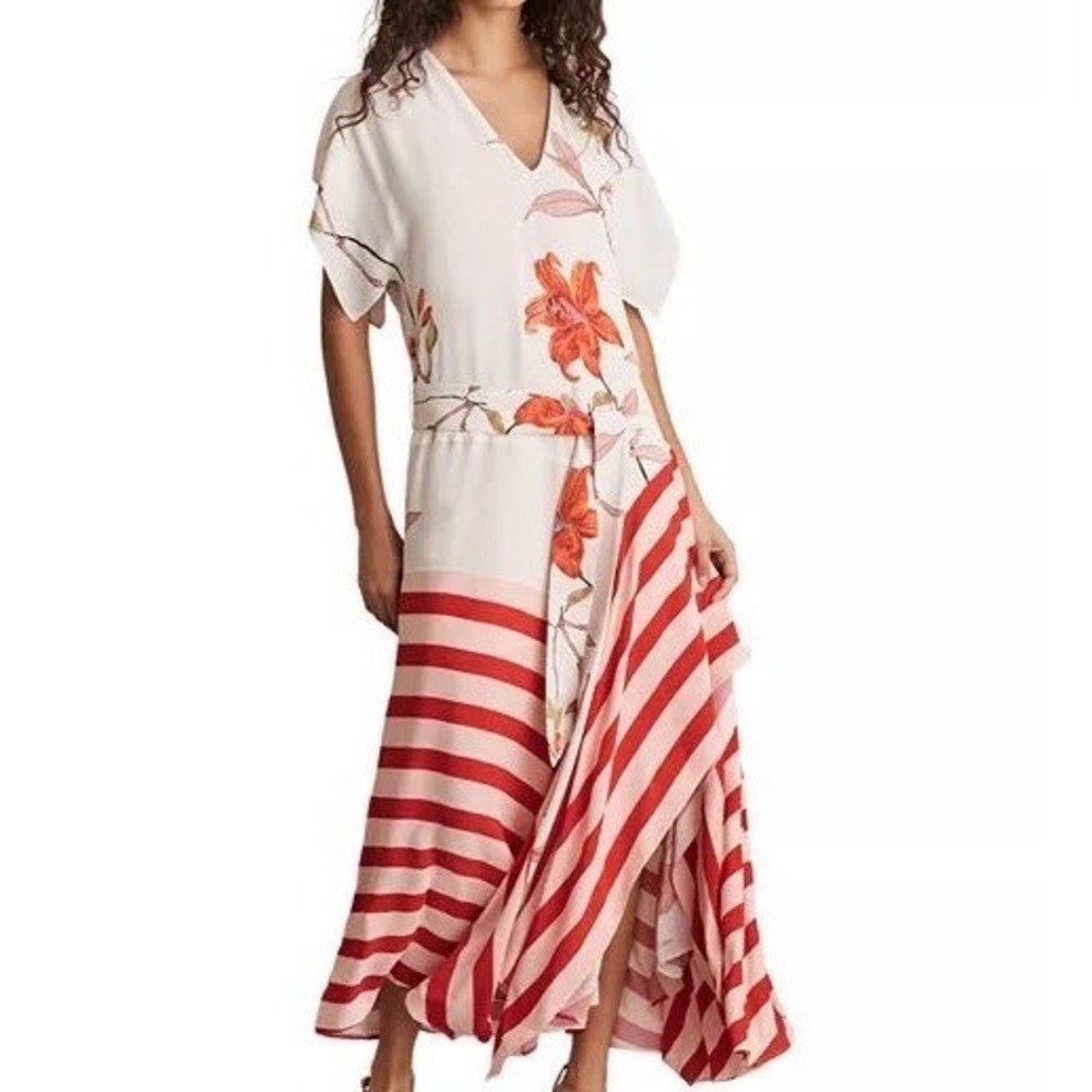 Reiss Alicia Tie Waist Maxi Dress Ivory Red 8 UK 16 US 12